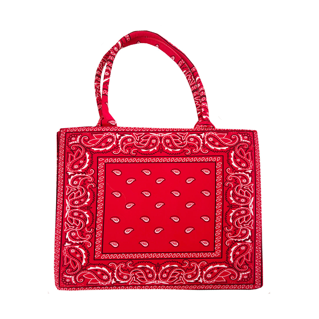 Grote shopper met rode en witte bandana print. De tas is open aan de bovenkant en is perfect te gebruiken als boodschappen, strand en/of weekendtas. De tas is gemaakt van textiel. Rode bandana print shopper tas.