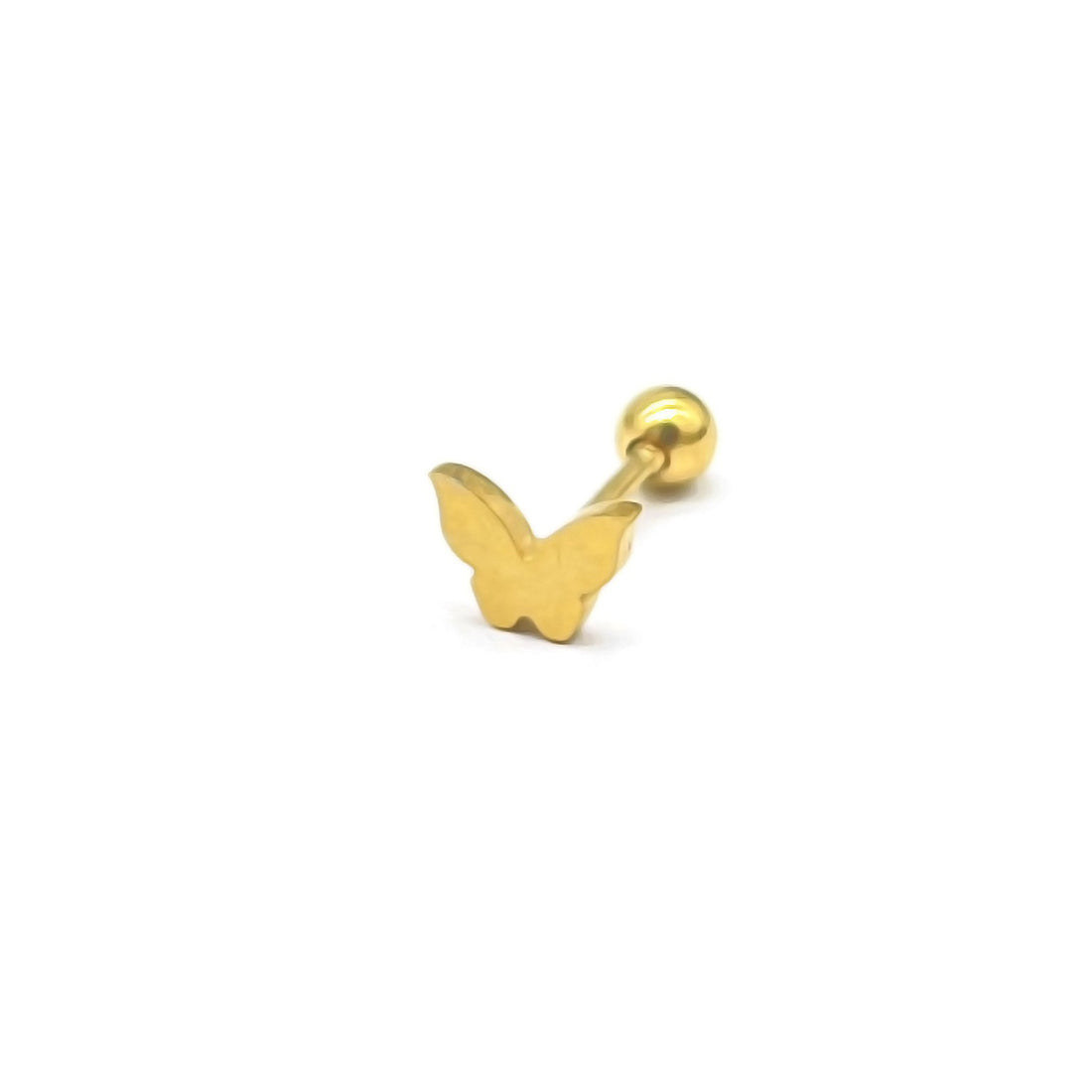 Vlinder piercing goud. Gouden piercing met vlinder er op. De piercing is van roestvrij staal en waterproof. Afmetingen: 3mm
