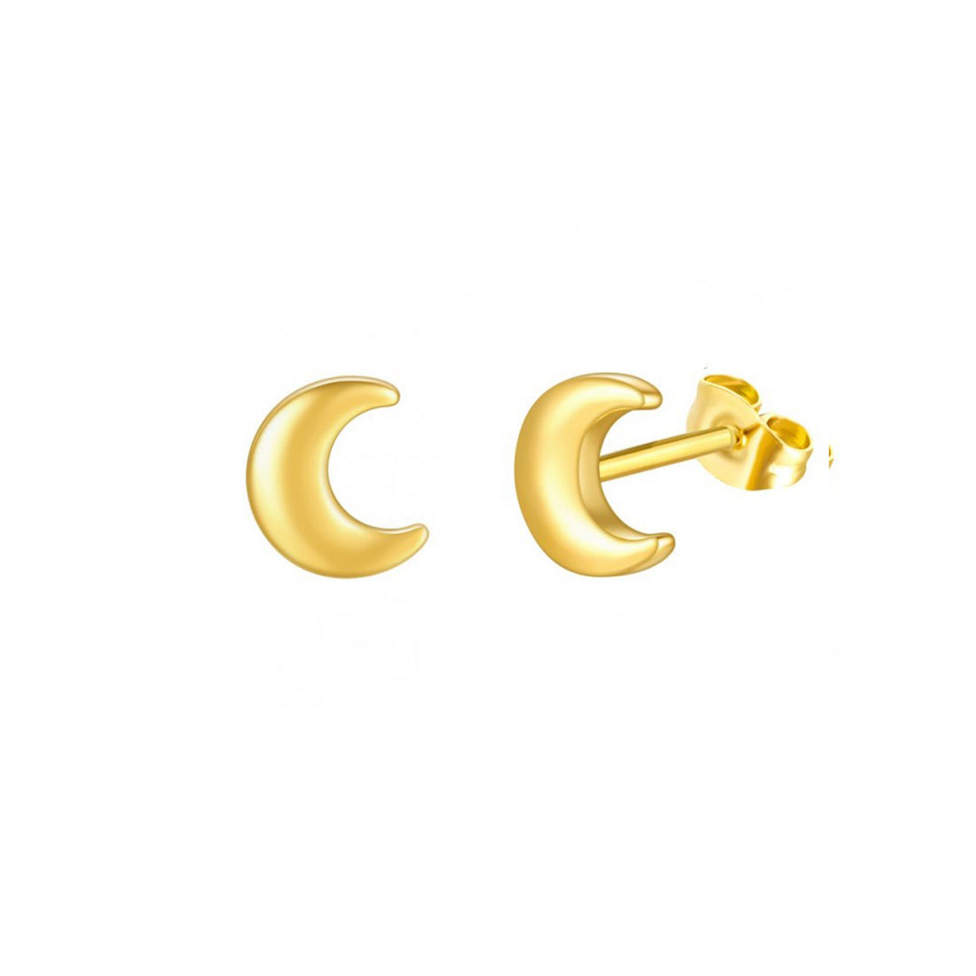 Gouden oorbel studs in de vorm van een maantje. De oorbellen zijn van roestvrij staal met een gold plated laagje en waterproof. Moon studs gold 5 mm.
