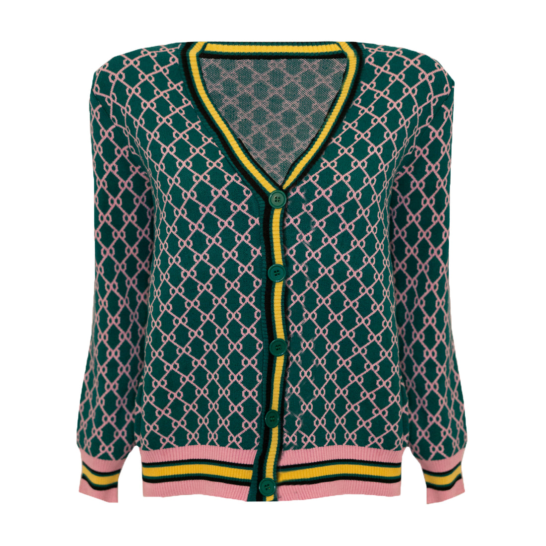 Groen vest met GG print. Gucci inspired cardigan green. Groen oversized vest met print. Het vest is afgewerkt met roze en gele details. Het vest is one-size en geschikt voor de maten S, M en L. Materiaal van het vest is: 100% polyester.