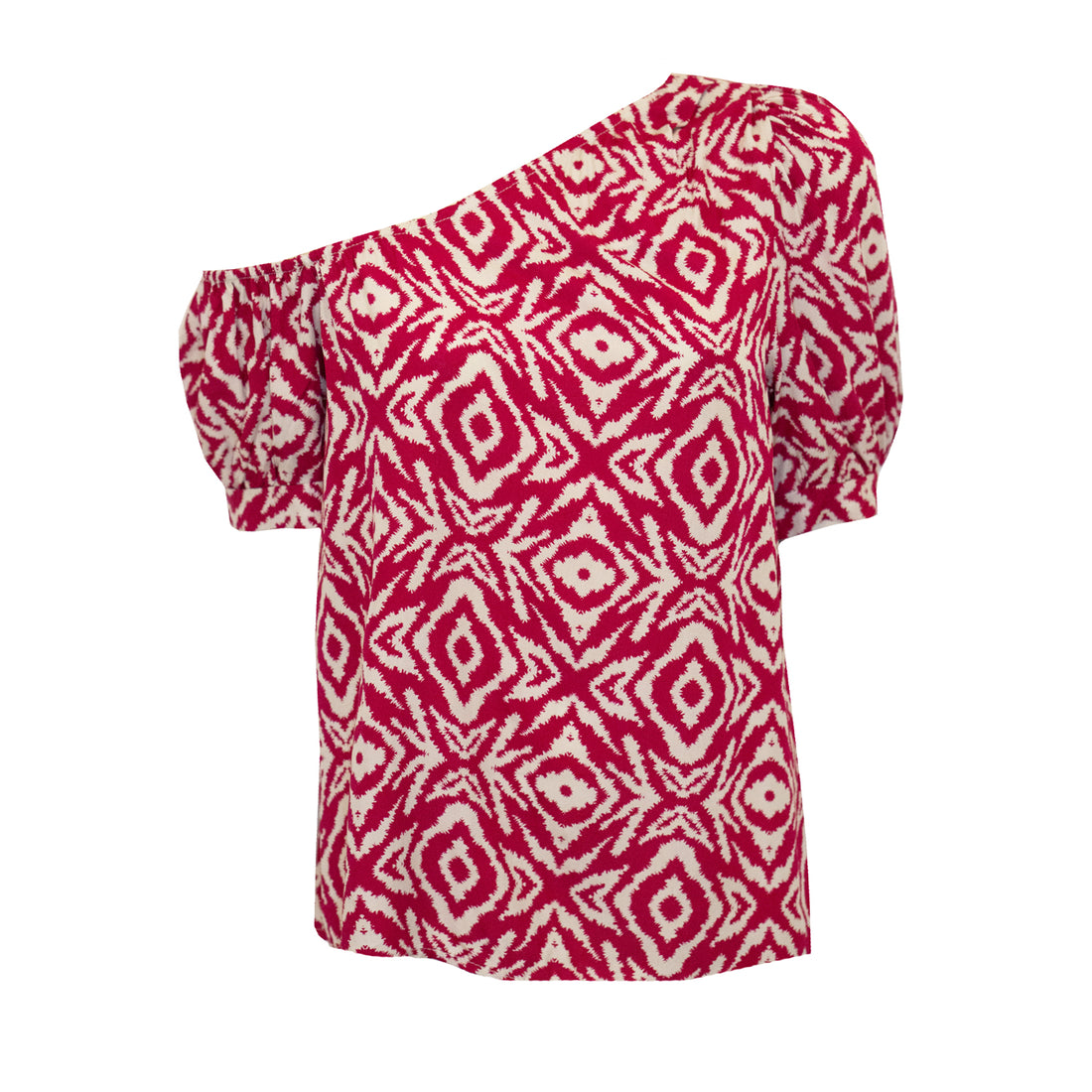 Rood witte one-shoulder top met aztec print. We hebben ook een bijpassende skort in deze print. De top is one-size en geschikt voor de maten XS tot en met L. Materiaal van de top is: 100% viscose