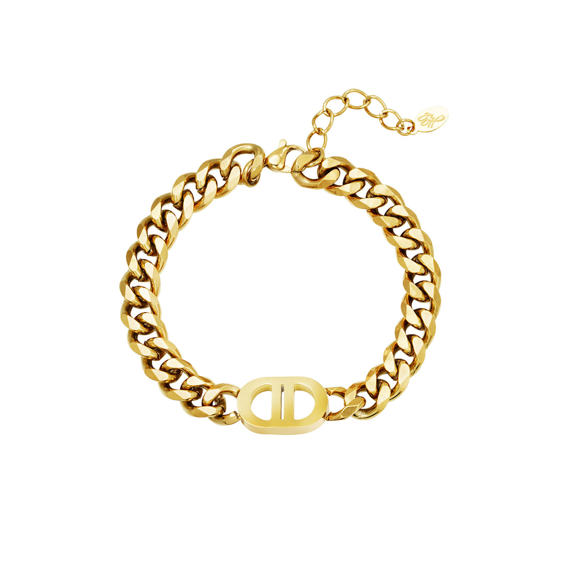 Gouden brede chain armband met logo bedel. De armband is gemaakt van roestvrij staal met een gold plated laagje. De armband is waterproof en verkleurt niet. Afmetingen: 16 cm + 3 cm.