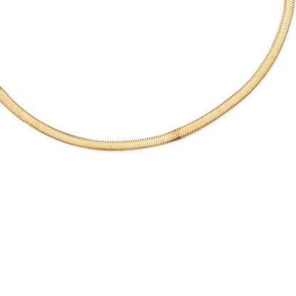 Gouden platte snake skin ketting. De ketting is one-size en 40 + 1 cm lang. De ketting is 4mm breed. Materiaal van de ketting is: 14K gold plated stainless steel. Alle sieraden zijn waterproof.