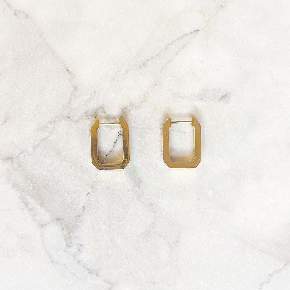 Gouden oorbellen in met gekartelde hoeken ingelegd met zirconia steentjes. De oorbellen zijn van gold plated stainless steel materiaal en zijn waterproof. Cubic zircon earrings gold. 