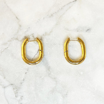 Ovalen oorbel ringen goud. De oorbellen zijn van gold plated stainless steel en zijn waterproof. De oorbellen sluiten met een click systeem. Afmetingen: 25 mm.