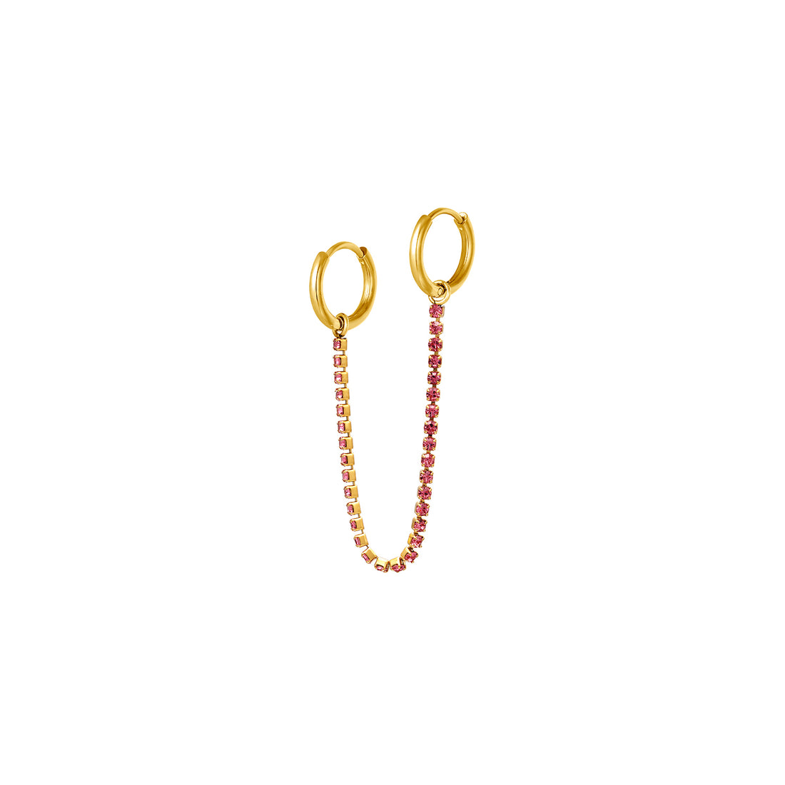 Gouden oorbel met chain met roze zirconia steentjes er aan. De oorbel wordt per stuk verkocht en het materiaal van de oorbellen is roestvrij staal met een gold plated laagje. De oorbel verkleurt niet en is waterproof. Afmetingen: 9.1 cm